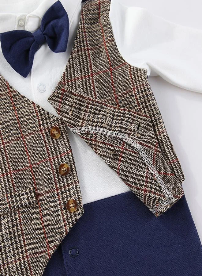 babyqlo Gentleman's Plaid Baby Romper with Bow Tie
