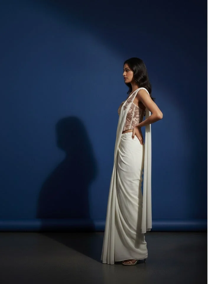 Lehar White Corset Saree Set with Rose Gold Embroidery