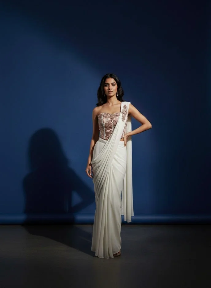 Lehar White Corset Saree Set with Rose Gold Embroidery