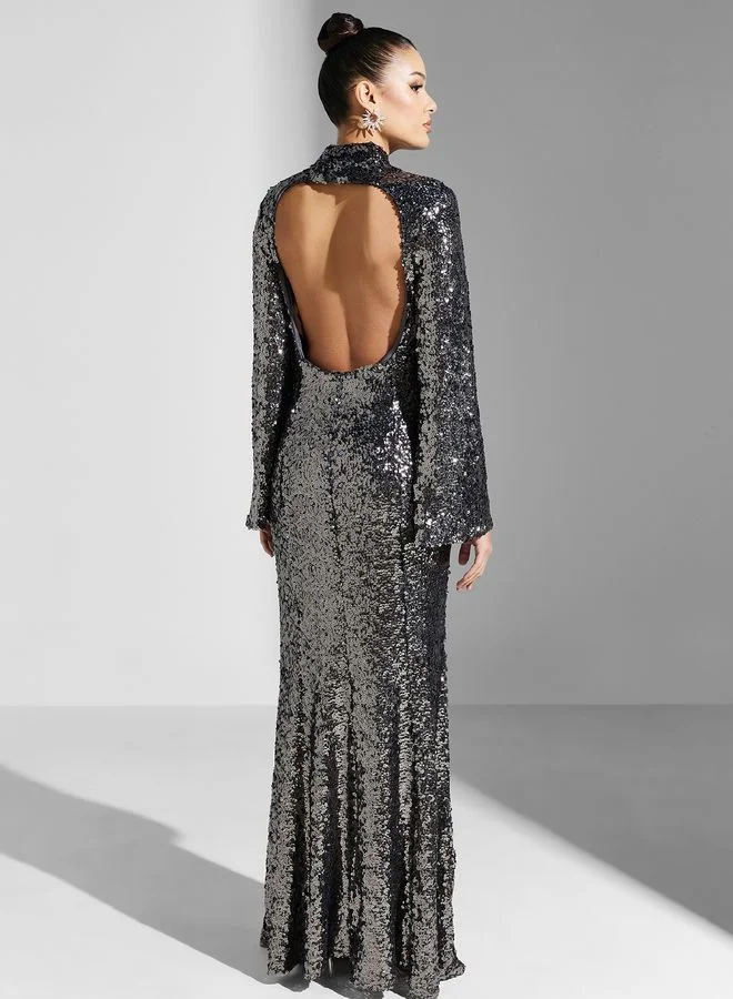 True Decadence Sequin Open Back Maxi Dress