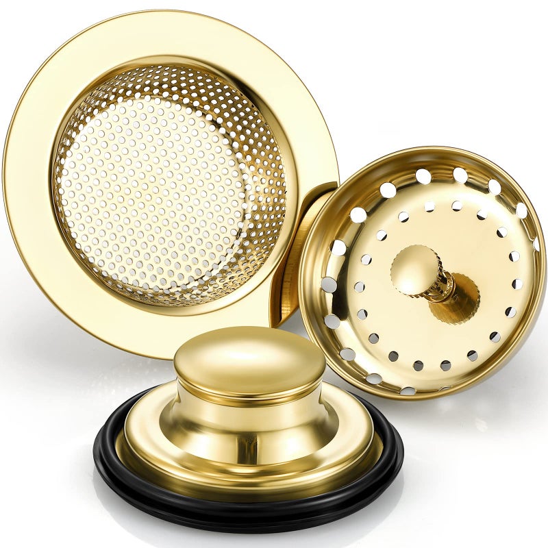 Mudder 3 Pcs Kitchen Sink Drain Strainer and Stopper Stainless Steel Garbage Disposal Plug with Handle Universal AntiClogging Kitchen Sink Filter Sieve Basket StrainerLight Gold