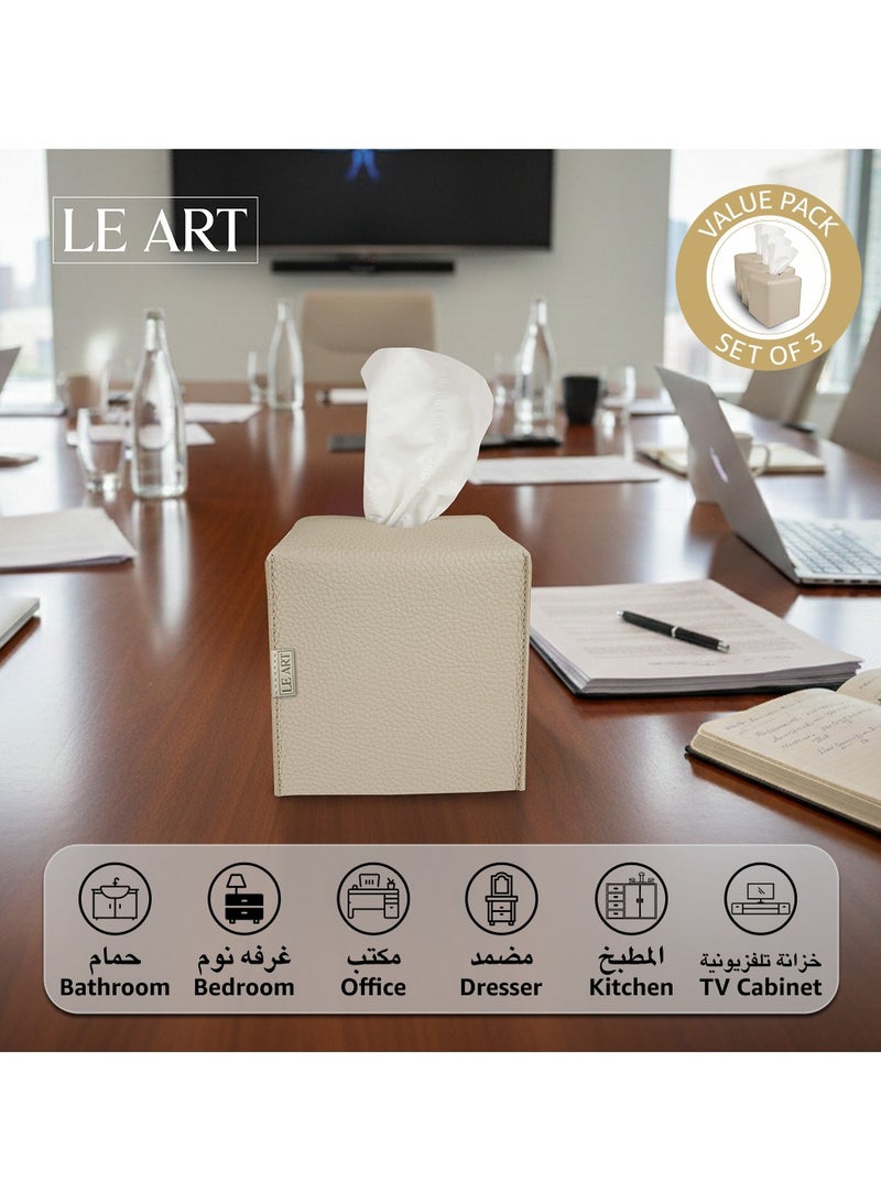 LeArt Leather Tissue Box Cover PACK OF 3 – Elegant Tissue Box Holder for Office Car Home Decor | Living Room Bedroom Bathroom | Facial Tissue Holder, Car Tissue Box Holder (Camel Cube - Pack of 3) - Image 3