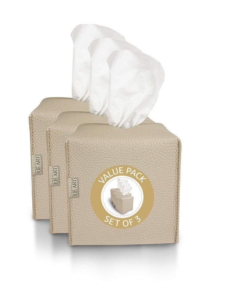 LeArt Leather Tissue Box Cover PACK OF 3 – Elegant Tissue Box Holder for Office Car Home Decor | Living Room Bedroom Bathroom | Facial Tissue Holder, Car Tissue Box Holder (Camel Cube - Pack of 3) - Image 1