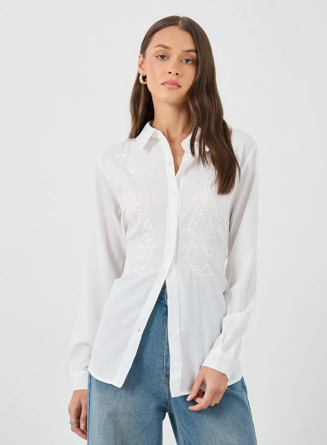 ستايلي Styli Floral Embroidered Spread Collar Shirt