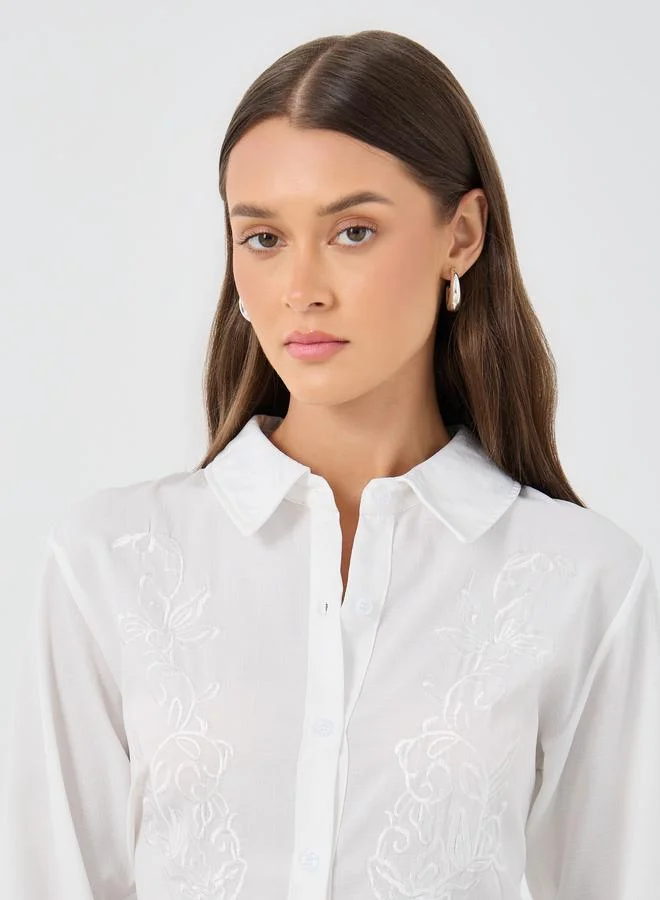 Styli Styli Floral Embroidered Spread Collar Shirt