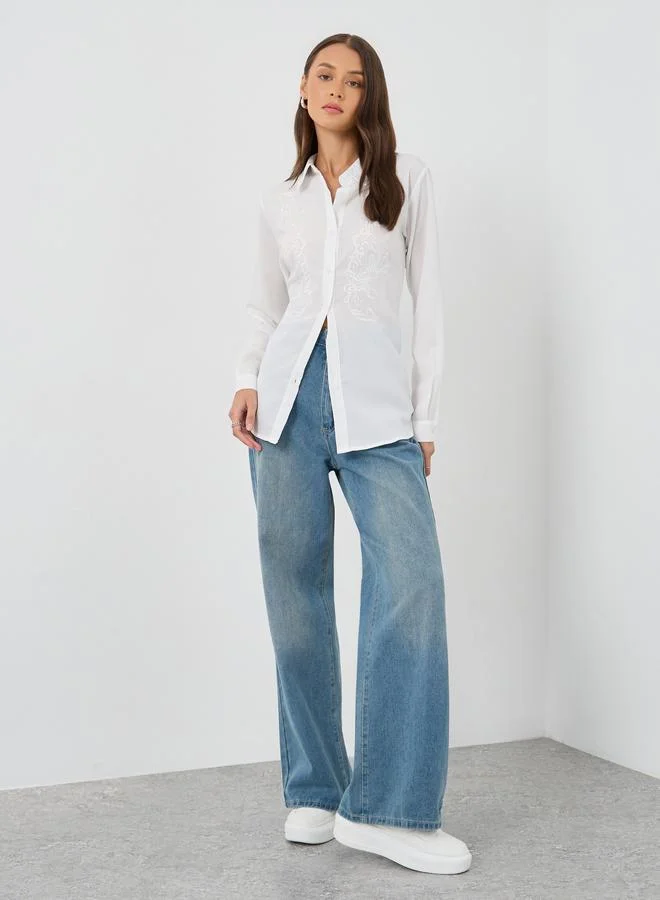 Styli Floral Embroidered Spread Collar Shirt