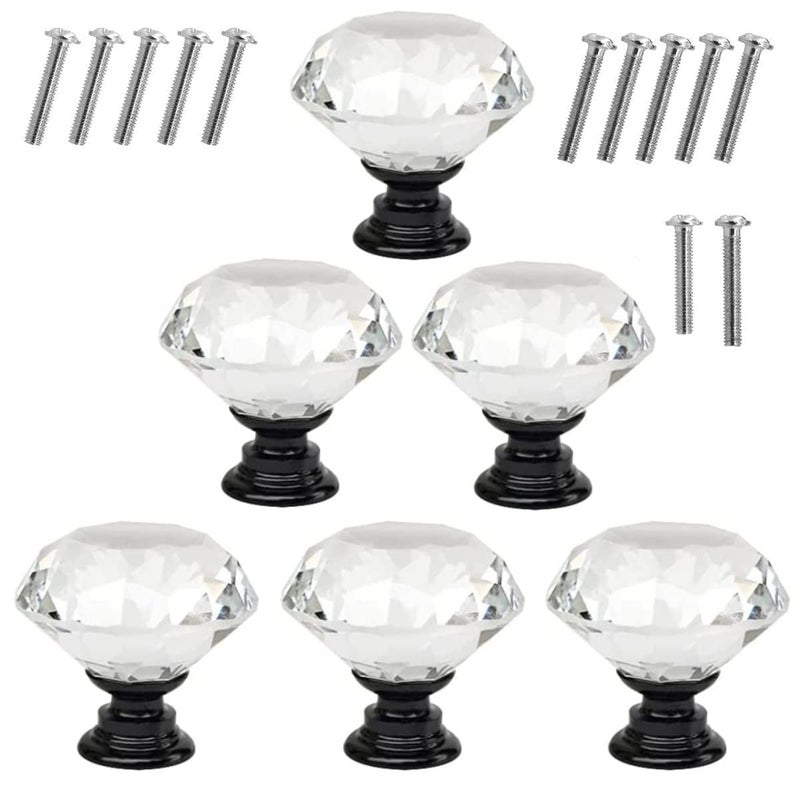 Akstore 6 Pcs Crystal Glass Cabinet Knobs 30mm Diamond Shape Drawer Kitchen Cabinets Dresser Cupboard Wardrobe Pulls Handles (30mm, Clear-Black) - Image 1