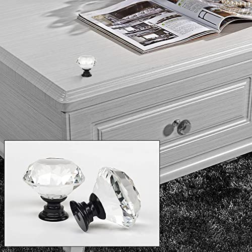 Akstore 6 Pcs Crystal Glass Cabinet Knobs 30mm Diamond Shape Drawer Kitchen Cabinets Dresser Cupboard Wardrobe Pulls Handles (30mm, Clear-Black) - Image 3