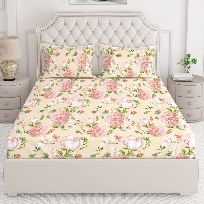 CLASSIC 100 COTTON BEDSHEET SET FOR ALL SEASONS LIGHTWEIGHT MOISTURE ABSORBENT MACHINE WASHABLE EASY TO CARE 104 TC QUEEN SIZE LIGHT PINK FLORAL PATTERN
