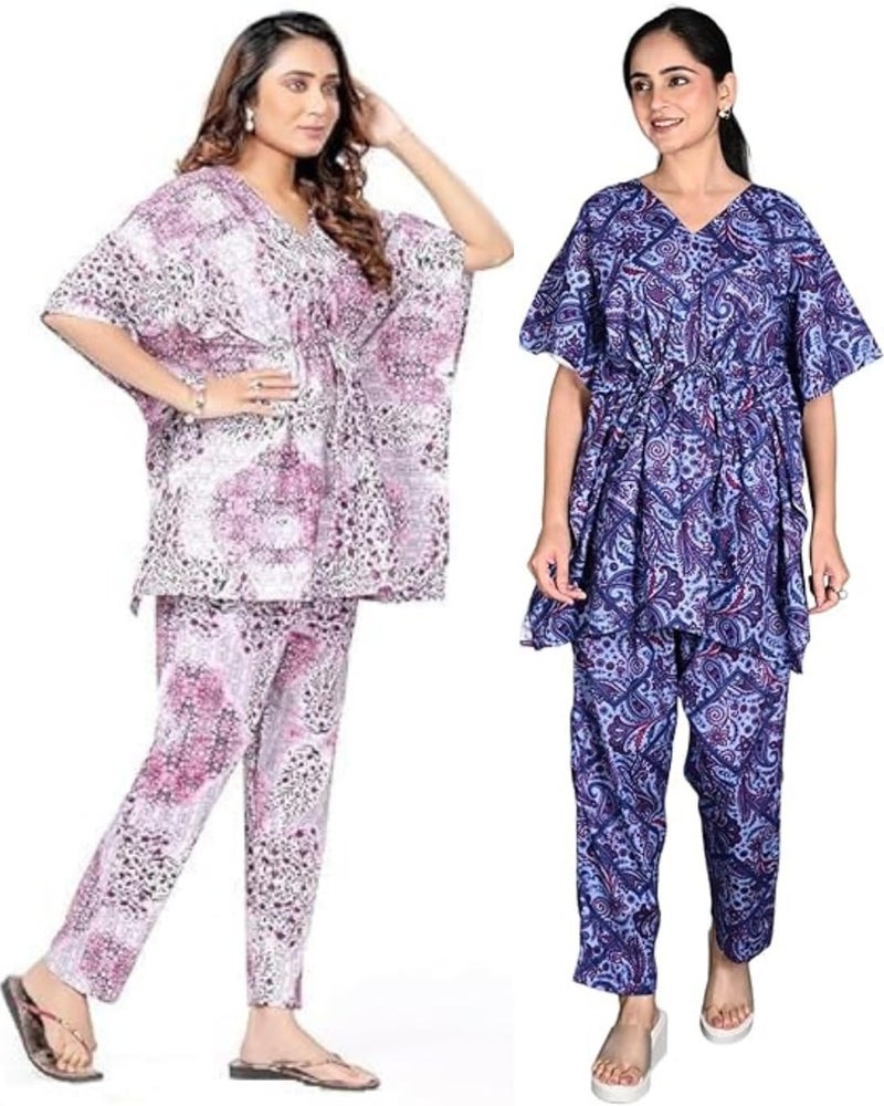Vlazom Women's 100% Cotton Printed Kaftan & Pyjama Set – Combo Pack of 2 | Free Size Nightwear with Pocket | Soft Cotton Loungewear Co-ord for Women (Rani,Blue, Free Size) - Image 1