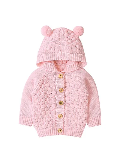 ليتل سربرايز بوكس Infants Baby Pink Knitted Cardigan Sweater with Pom Pom Hoodie