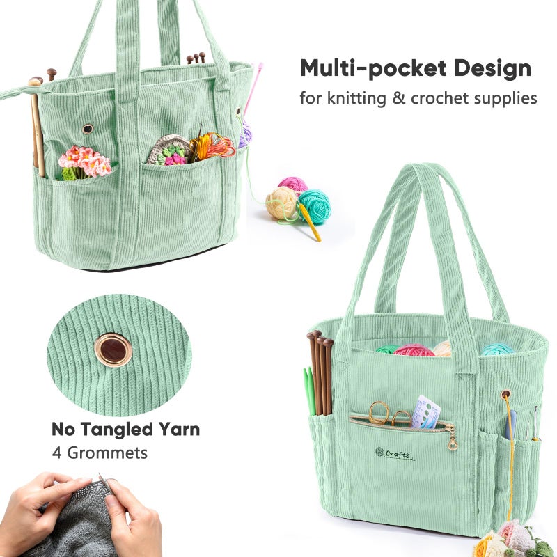 MYBAGZING Myabgzing Corduroy Crochet Bag 11.5"" Large Yarn Storage Tote With Grommets  Needle Holders - Knitting Bag Organizer For Crochet Hooks  Accessories  Tools & Projects -Gift For Knitters & Crafters - Image 4