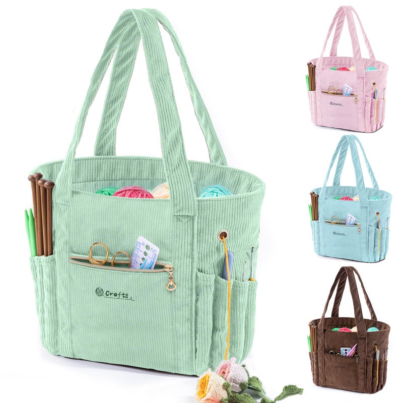 MYBAGZING Myabgzing Corduroy Crochet Bag 11.5"" Large Yarn Storage Tote With Grommets  Needle Holders - Knitting Bag Organizer For Crochet Hooks  Accessories  Tools & Projects -Gift For Knitters & Crafters - Image 1