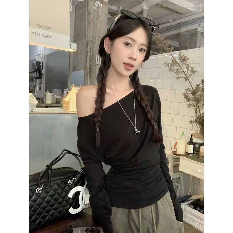 Pure Desire Girl Slim Fit Irregular Off-Shoulder Long Sleeve T-Shirt Women'S Early Autumn Design Solid Color Easiest For Match Top Ins - Image 3
