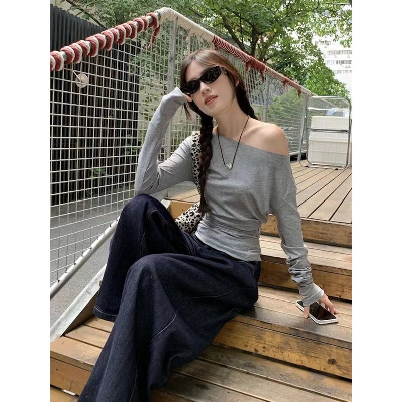 Pure Desire Girl Slim Fit Irregular Off-Shoulder Long Sleeve T-Shirt Women'S Early Autumn Design Solid Color Easiest For Match Top Ins - Image 4