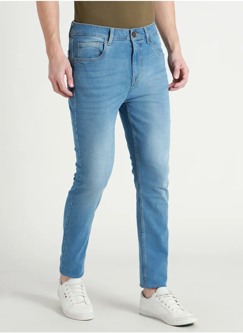 دينيس لينغو Mid Blue Slim Fit Jeans for Men - 99% Cotton 1% Elastane, Solid, Mid Rise, Full Length, Button & Zip Closure, Casual