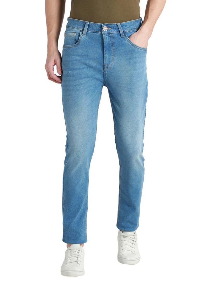 دينيس لينغو Men's Mid Blue 100% Cotton Solid Pattern Full Length Slim Fit Jeans