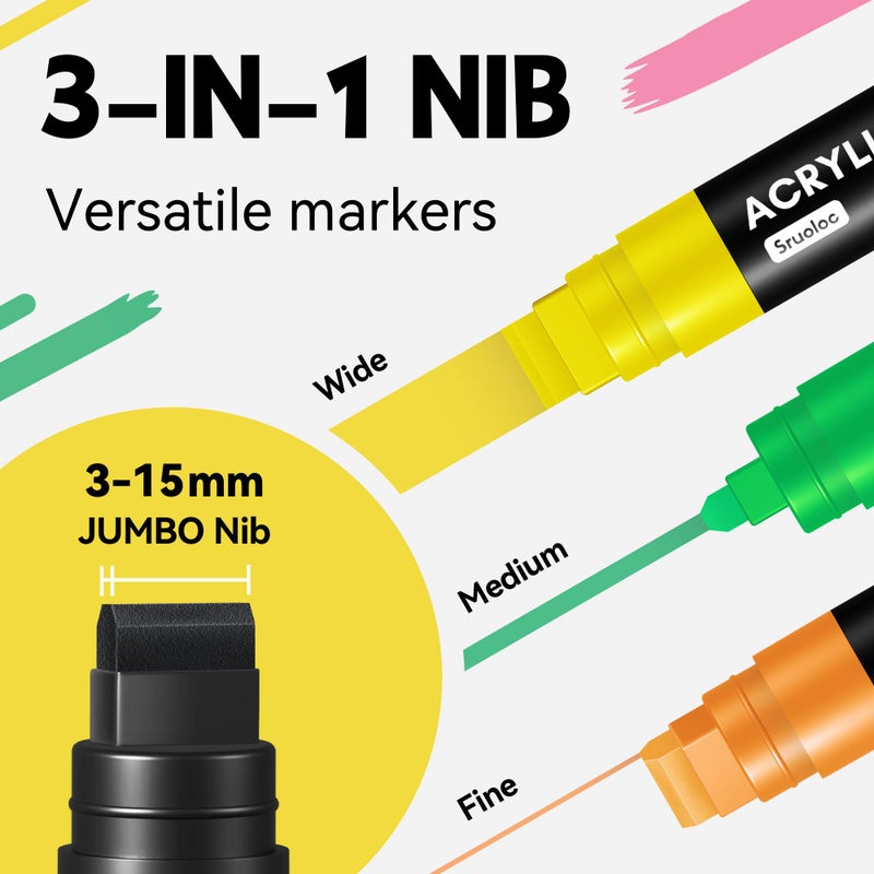 SRUOLOC 12 Colors Jumbo Markers, 15mm Jumbo Felt Tip, Acrylic Paint Markers for Rock Painting, Poster, Stone, Ceramic, Glass, Wood, Canvas - Image 3