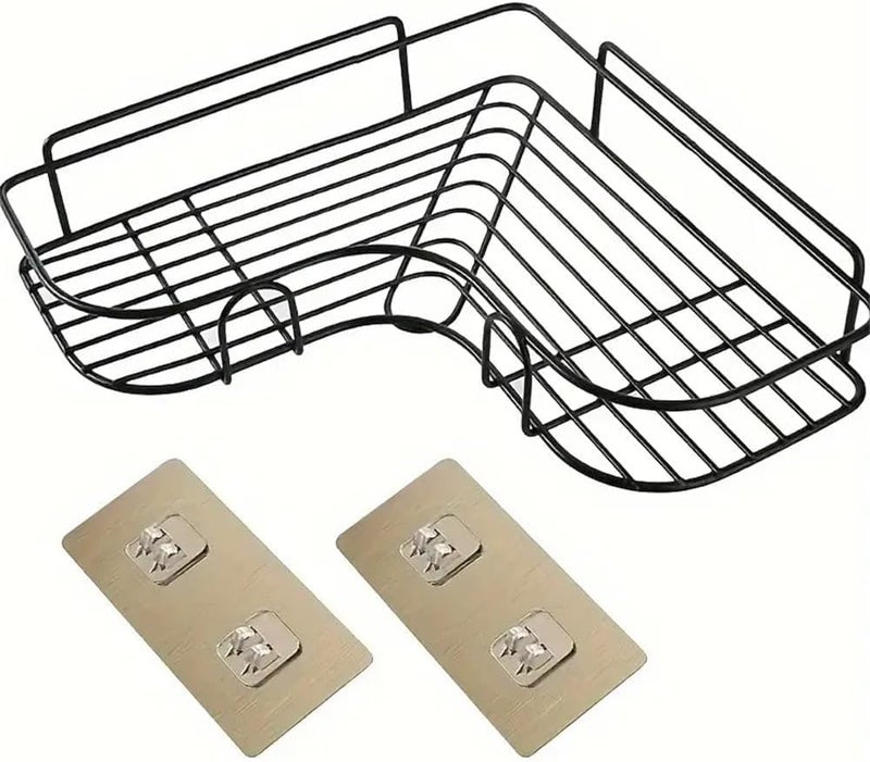 Metal Bathroom Corner Shelf Rack | No-Drill Self-Adhesive Bathroom Organizer | Wall Mounted Triangle Shelf for Shampoo, Soap & Kitchen | Rustproof Ventilated Storage Rack (1 Pc, Black)  - Image 1