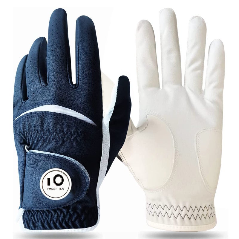 FINGER TEN Colorful Golf Gloves Men with Ball Marker 1 Pack, Stylish Gloves with Premium Durable Design, All Weather Grip Fit Size Small Medium ML Large XL (Dark Blue-1 Pack, X-Large, Left) - Image 1