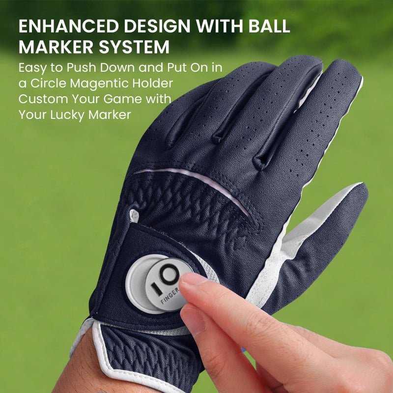 FINGER TEN Colorful Golf Gloves Men with Ball Marker 1 Pack, Stylish Gloves with Premium Durable Design, All Weather Grip Fit Size Small Medium ML Large XL (Dark Blue-1 Pack, X-Large, Left) - Image 3