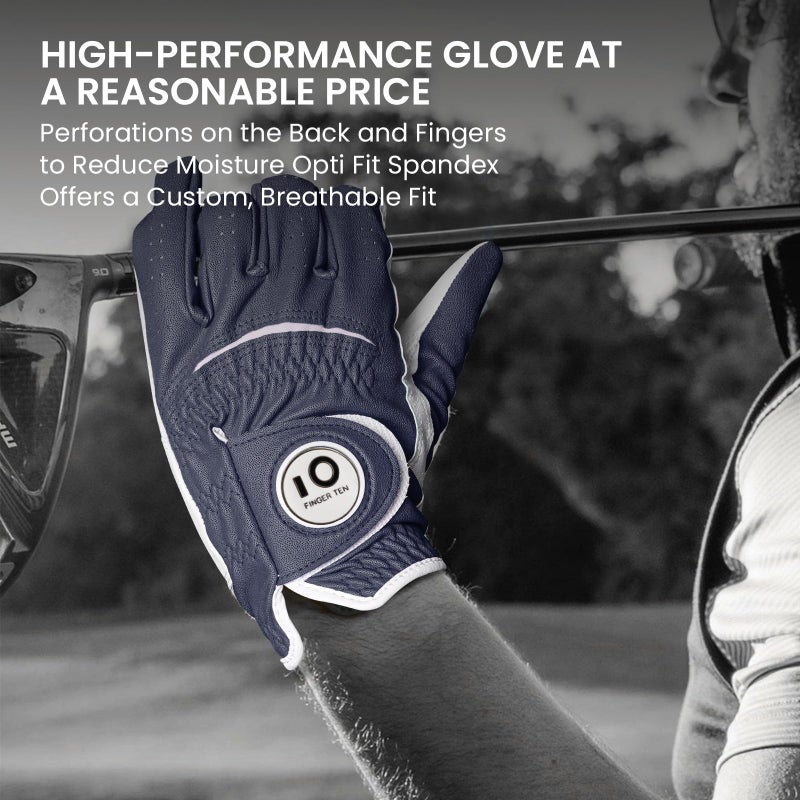 FINGER TEN Colorful Golf Gloves Men with Ball Marker 1 Pack, Stylish Gloves with Premium Durable Design, All Weather Grip Fit Size Small Medium ML Large XL (Dark Blue-1 Pack, X-Large, Left) - Image 4