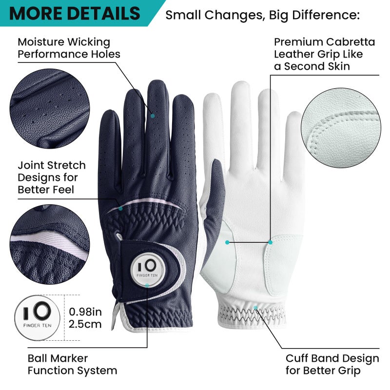 FINGER TEN Colorful Golf Gloves Men with Ball Marker 1 Pack, Stylish Gloves with Premium Durable Design, All Weather Grip Fit Size Small Medium ML Large XL (Dark Blue-1 Pack, X-Large, Left) - Image 2