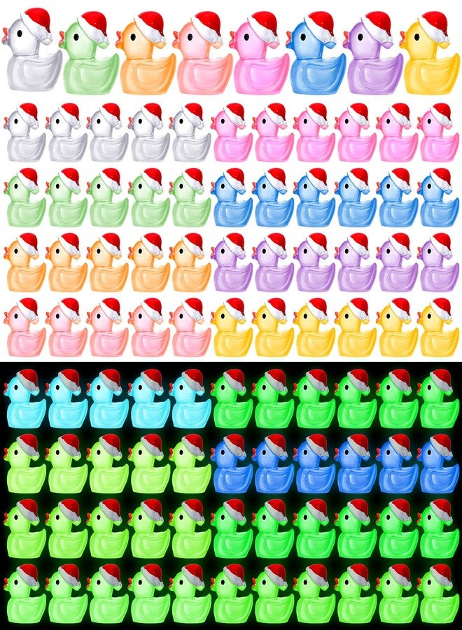 Queekay 96 Pcs Mini Christmas Resin Duck Luminous Tiny Ducks with Christmas Hats Glow in The Dark Figures for Xmas, Birthday Ornaments - Image 1