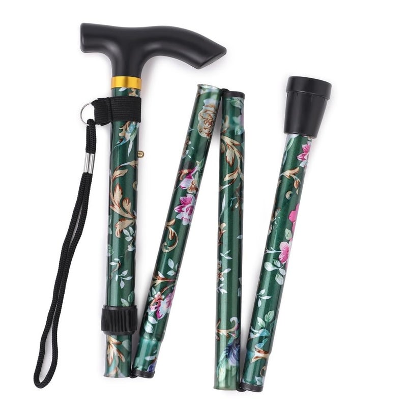 Comfkey Folding Lightweight Walking Stick - Adjustable Aluminum Metal Collapsible Travel Cane with Non-Slip Rubber Base (Green Floral) - Image 1