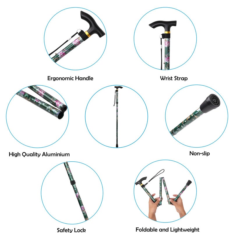Comfkey Folding Lightweight Walking Stick - Adjustable Aluminum Metal Collapsible Travel Cane with Non-Slip Rubber Base (Green Floral) - Image 4
