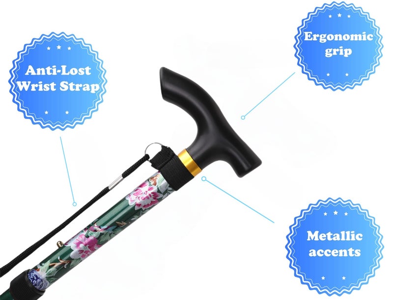 Comfkey Folding Lightweight Walking Stick - Adjustable Aluminum Metal Collapsible Travel Cane with Non-Slip Rubber Base (Green Floral) - Image 2