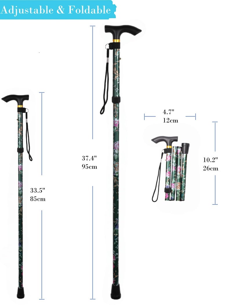 Comfkey Folding Lightweight Walking Stick - Adjustable Aluminum Metal Collapsible Travel Cane with Non-Slip Rubber Base (Green Floral) - Image 3