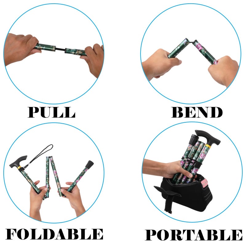 Comfkey Folding Lightweight Walking Stick - Adjustable Aluminum Metal Collapsible Travel Cane with Non-Slip Rubber Base (Green Floral) - Image 5