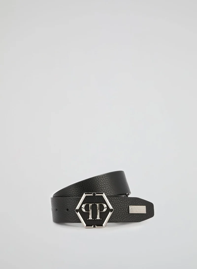 فيليب بلين Black Metallic Monogram Leather Belt