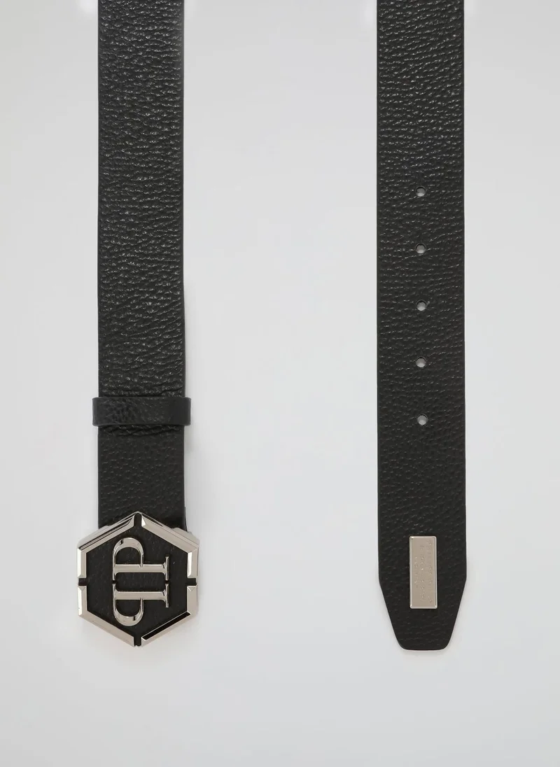PHILIPP PLEIN  Black Metallic Monogram Leather Belt  | Best Price UAE