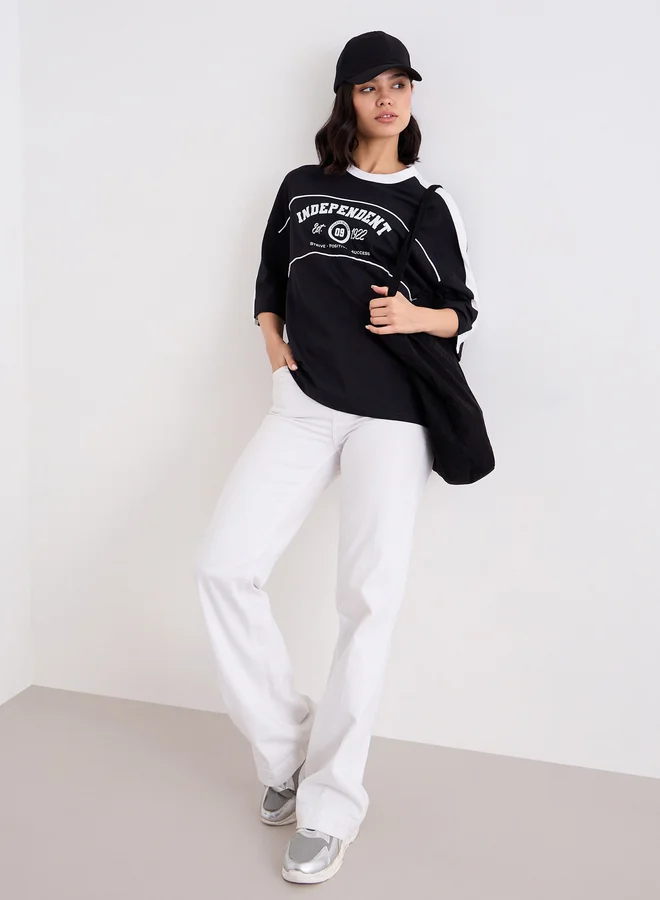 Styli Styli Graphic Print Oversized T-Shirt with Piping Detail