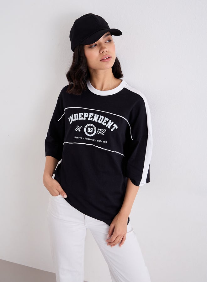 Styli Graphic Print Oversized T-Shirt with Piping Detail - Image 5