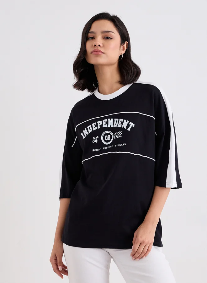 Styli Styli Graphic Print Oversized T-Shirt with Piping Detail