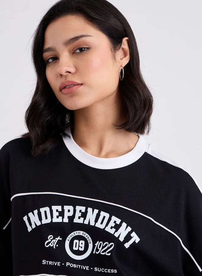 Styli Graphic Print Oversized T-Shirt with Piping Detail
