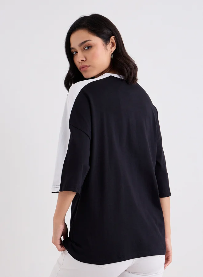 Styli Graphic Print Oversized T-Shirt with Piping Detail