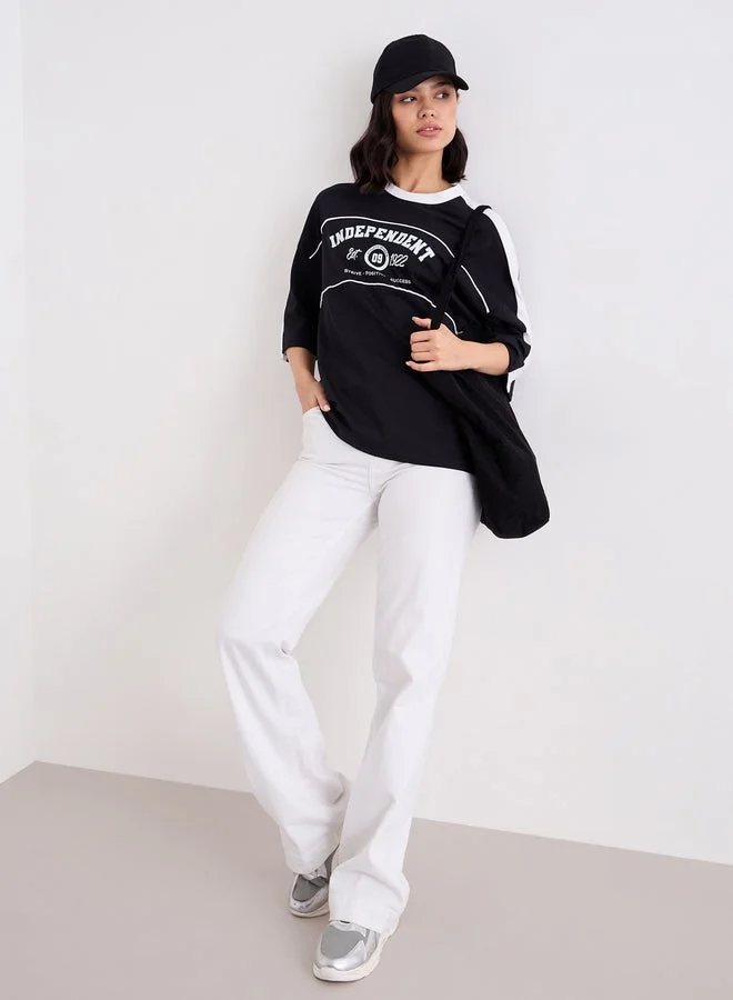 Styli Graphic Print Oversized T-Shirt with Piping Detail