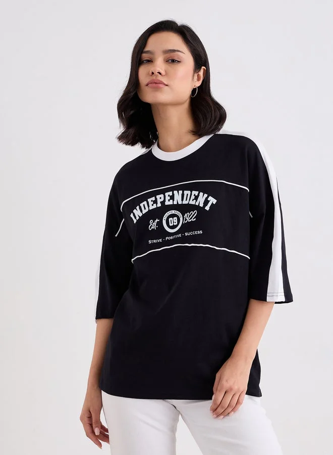 Graphic Print Oversized T-Shirt with Piping Detail