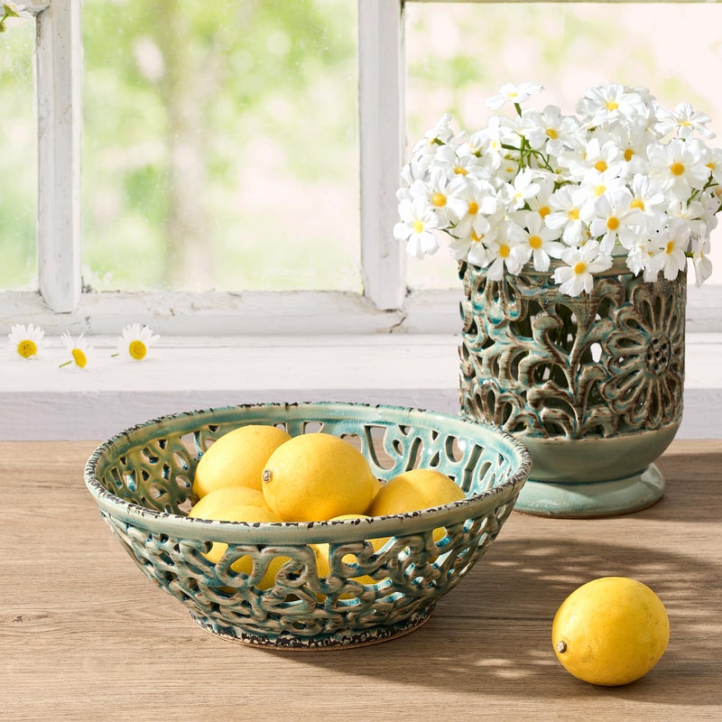 SIDUCAL Ceramic Fruit Bowl for Kitchen Counter,Decorative Fruit Basket with Holes, 10.43" Large Hollow Out Fruit Vegetable Holder Bowl for Table Decor, Blue - Image 4