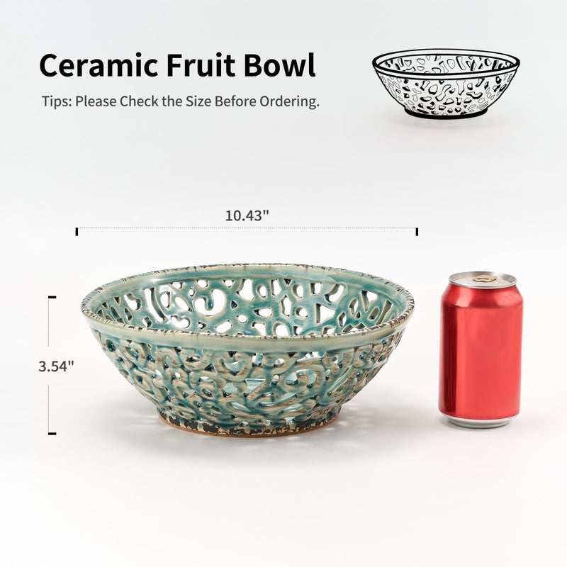 SIDUCAL Ceramic Fruit Bowl for Kitchen Counter,Decorative Fruit Basket with Holes, 10.43" Large Hollow Out Fruit Vegetable Holder Bowl for Table Decor, Blue - Image 2