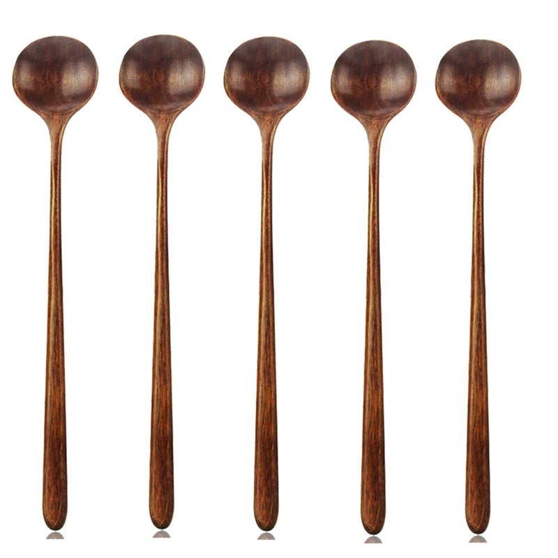 AOOSY Long Spoons Wooden, 5 Pieces Korean Style 10.9 inches 100% Natural Wood Long Handle Round Spoons for Soup Cooking Mixing Stirrer Kitchen Tools Utensils, FDA Approved(Korean Style Soup Spoon) - Image 1