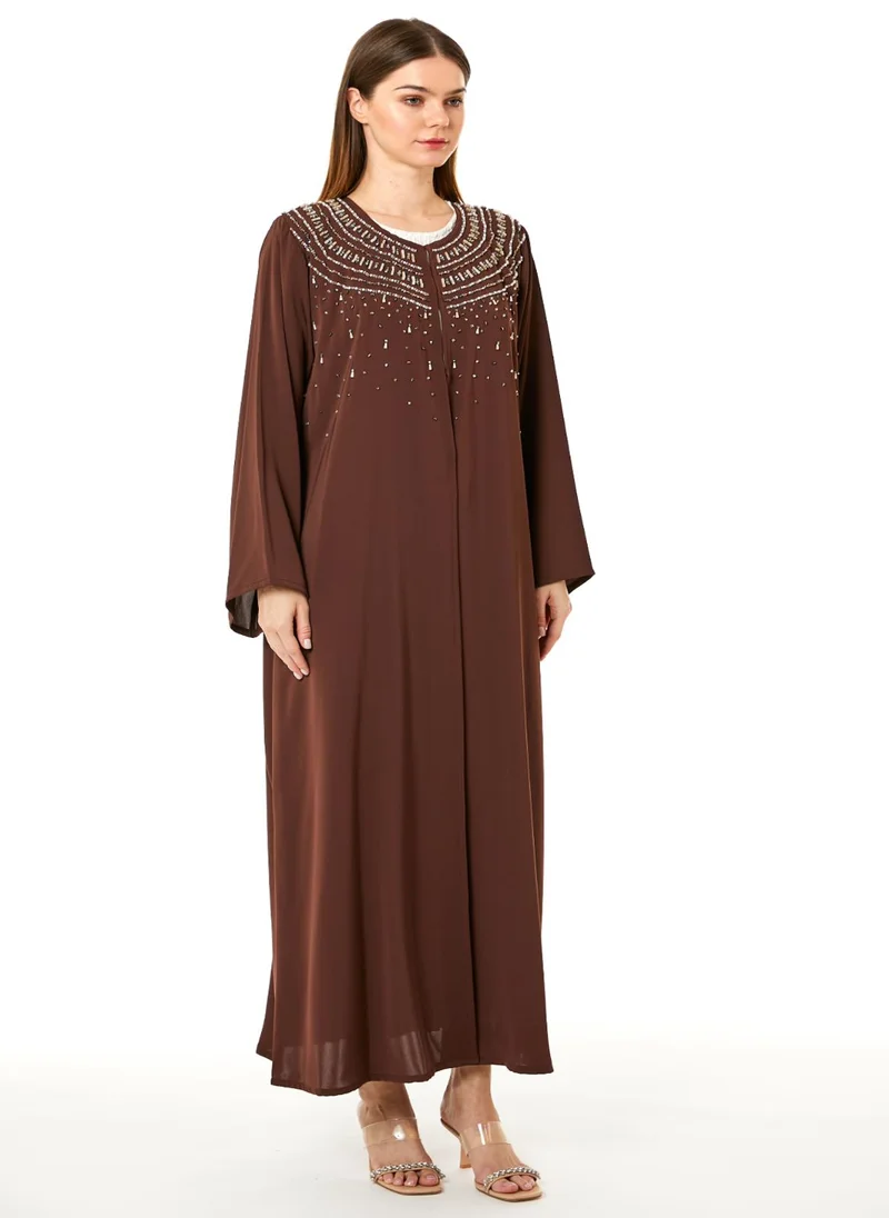 Moistreet Brown Korean Nida Hand Embellished Abaya