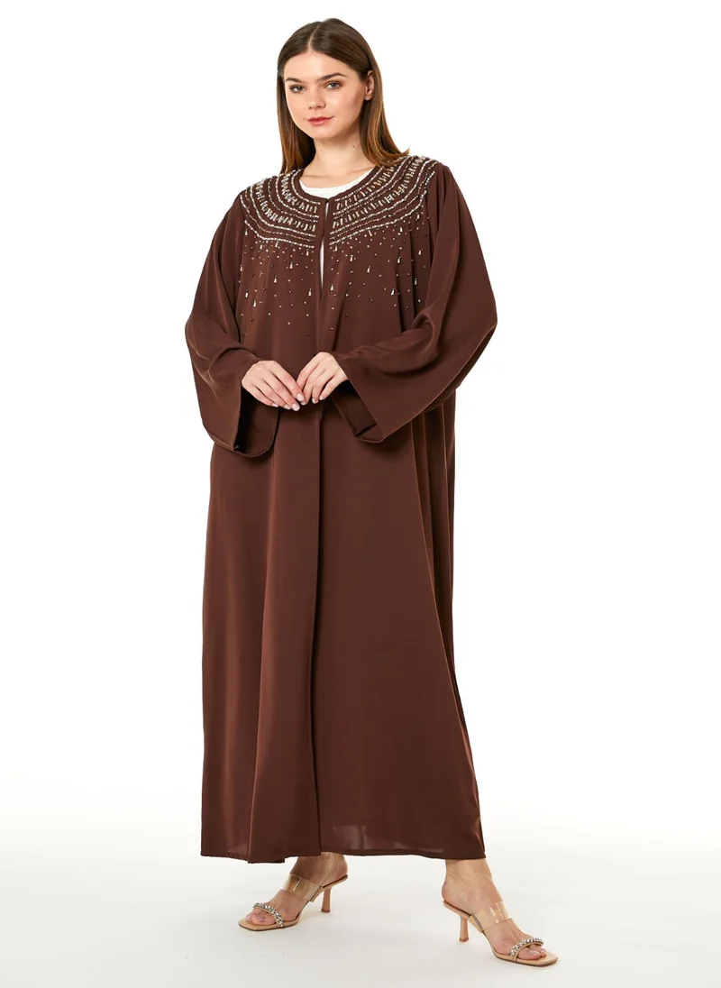 Moistreet Brown Korean Nida Hand Embellished Abaya