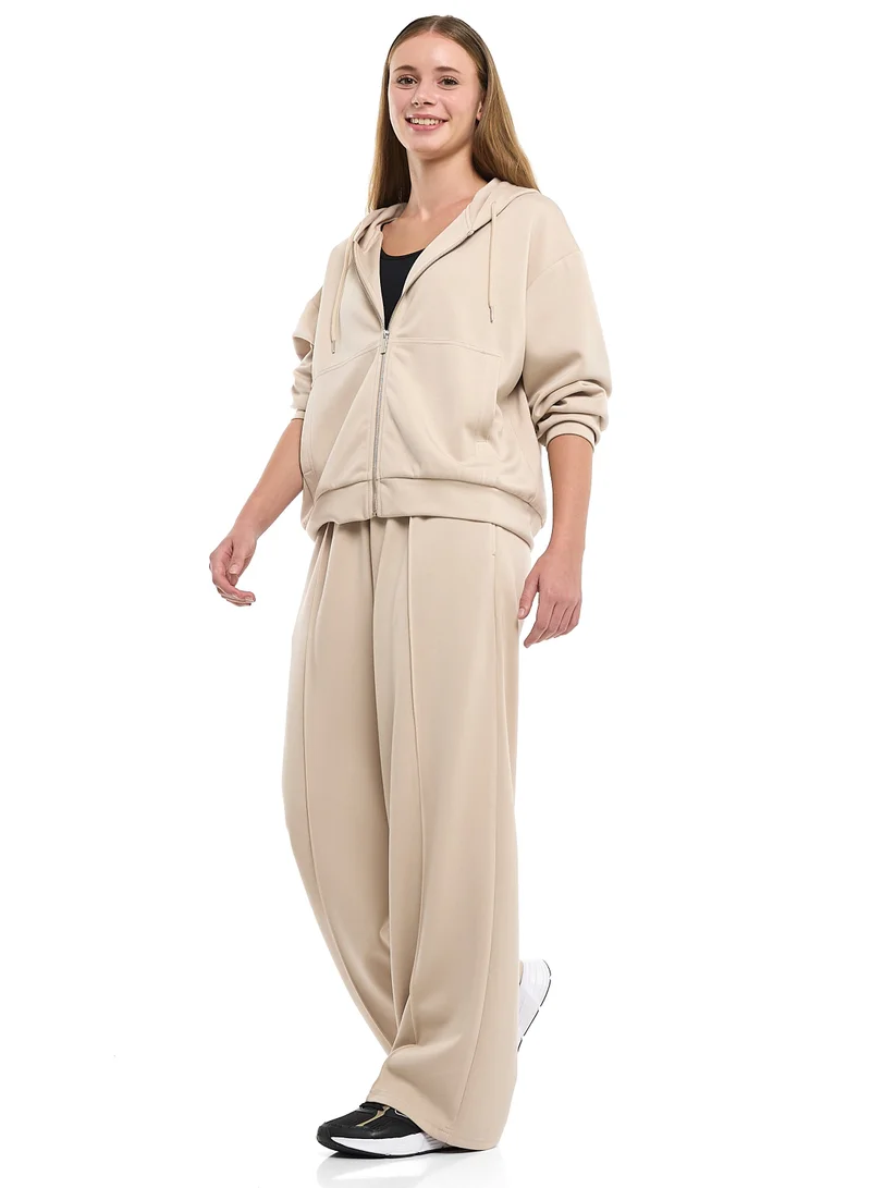 Victor And Jane  2 Piece Set- Beige Zip-Up Hoodie & Wide-Leg Trousers Set for Women | Best Price UAE