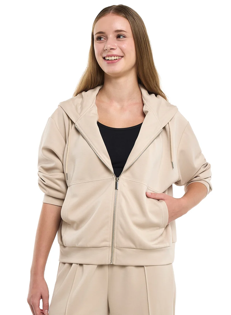 Victor And Jane  2 Piece Set- Beige Zip-Up Hoodie & Wide-Leg Trousers Set for Women | Best Price UAE