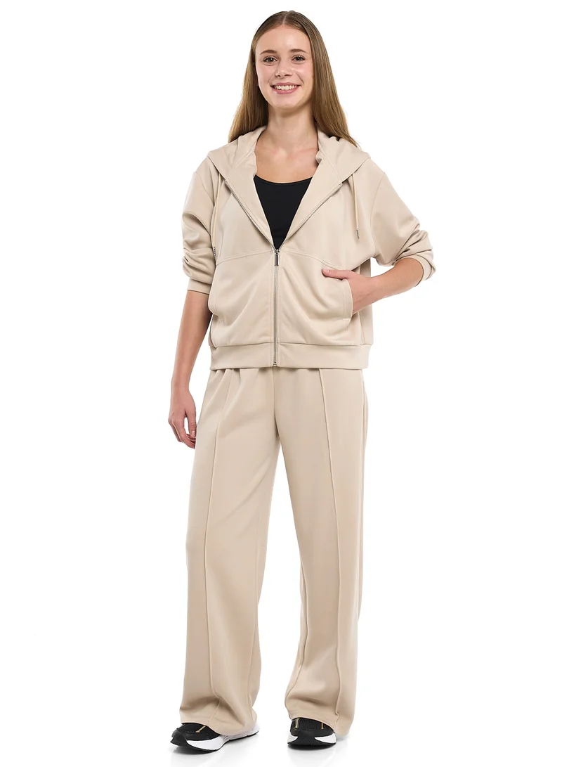 victor and jane 2 Piece Set- Beige Zip-Up Hoodie &amp; Wide-Leg Trousers Set